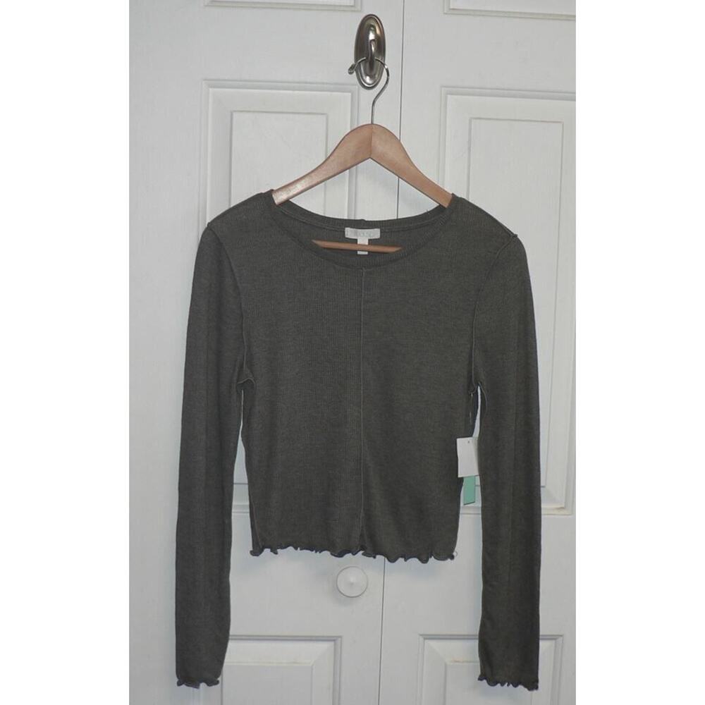 Abound Women's Exposed Seam Lettuce Edge Long Sleeve‎ Crop Top Green Shore Large